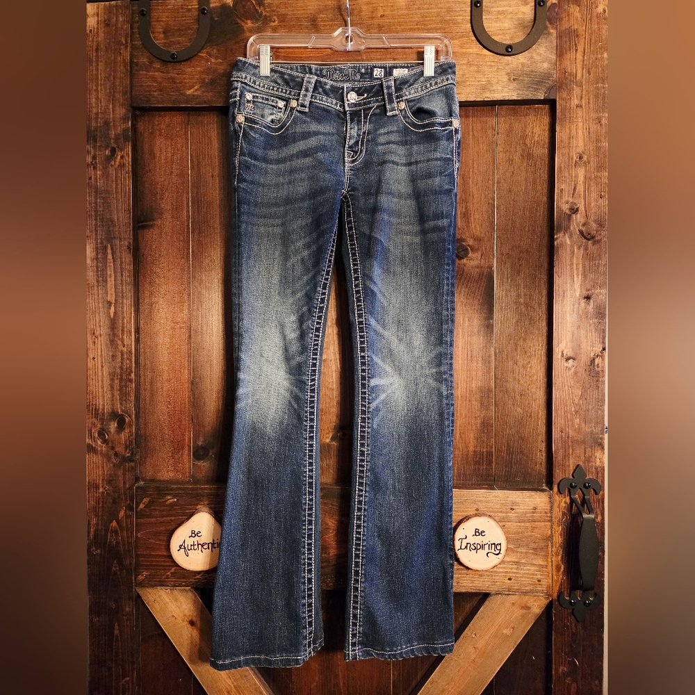 Miss Me Medium Blue Boot Cut Jeans with Silver Embroidery And Rhinestones